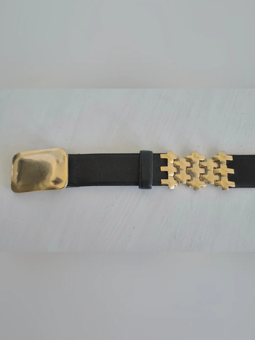 Robert Lee Morris Black Leather Belt with Gold Plated Plus Sign + Links Accent